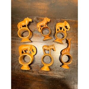 6‎ Hand Carved Wooden Africa Kenya Safari Animal Napkin Rings